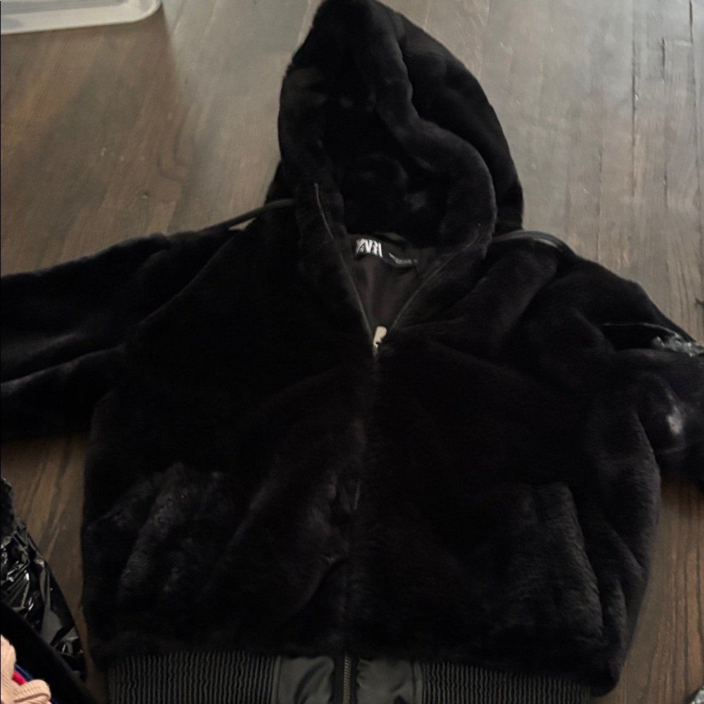 Zara Midnight Black Faux Fur zip up Jacket xs